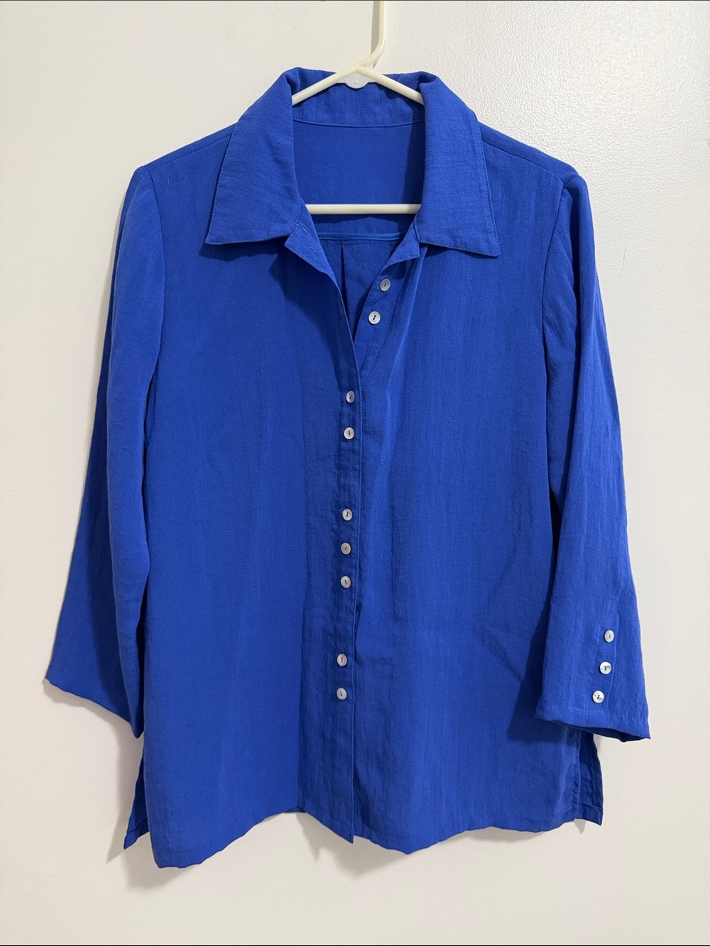 Fridaze Blue Linen Button Down Long Sleeve Blouse Collared Womens Small